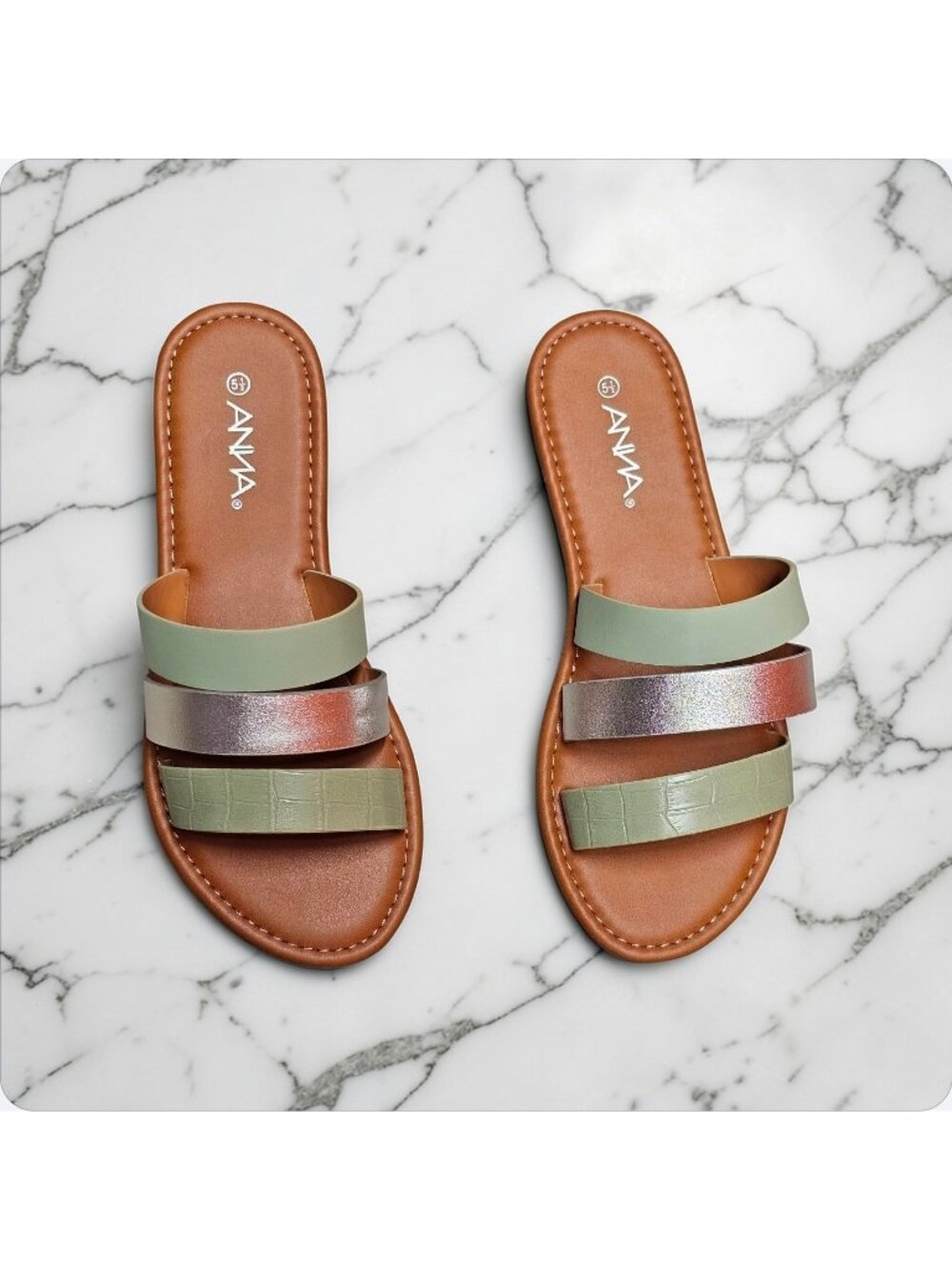 Womens Triple Strap Slide Sandals With Metallic & Green Color - Picture 5 of 9